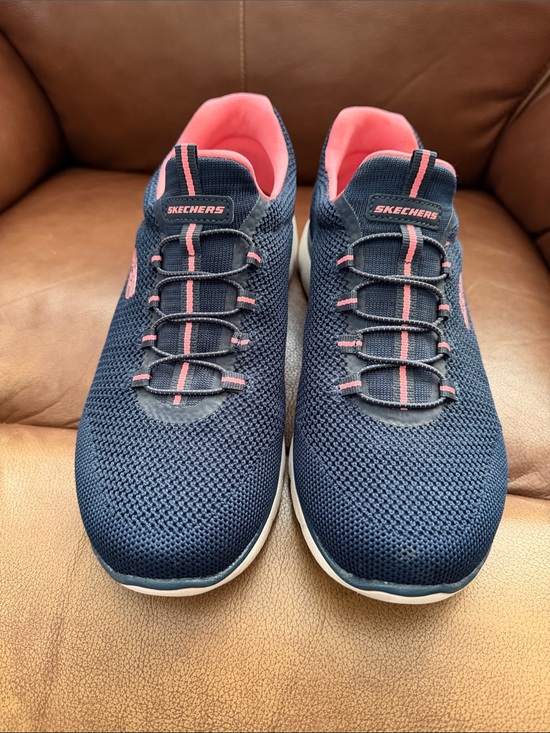Skechers Shoes - Skechers Navy Slip-On Wide Fit Knit Sneakers with Coral Accents